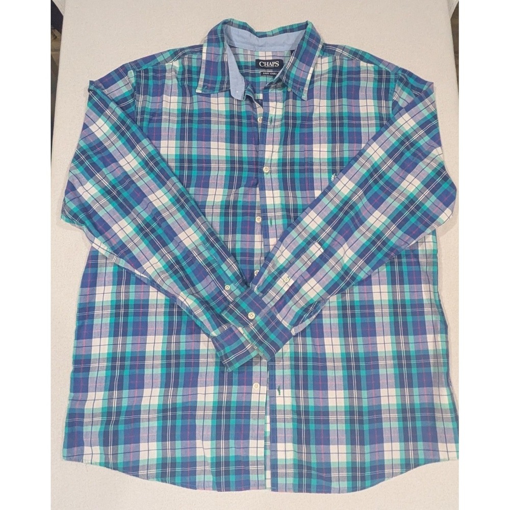 Chaps Button Down Shirt Men XL Blue Plaid Excellent Easy Care Long Sleeve